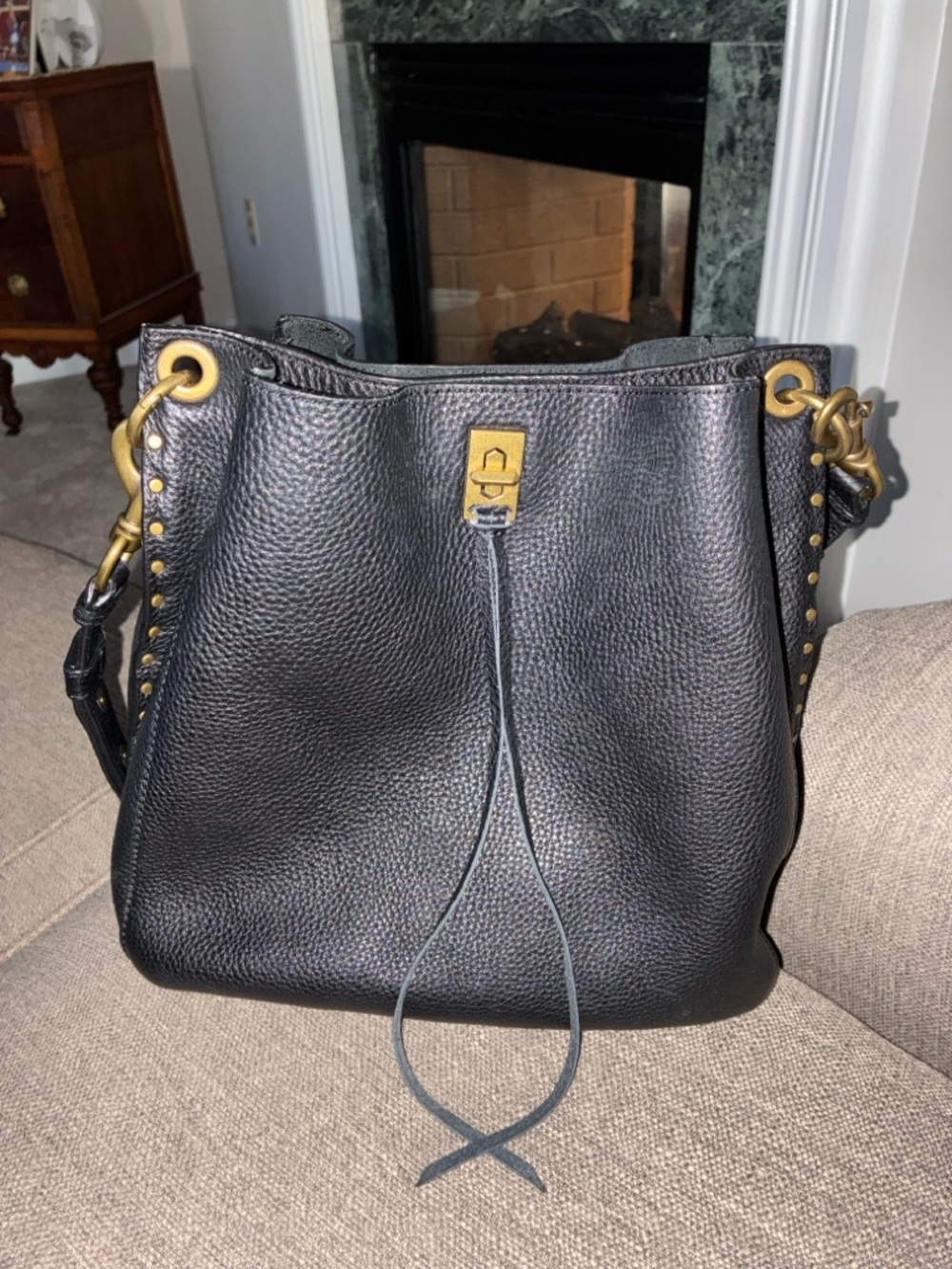 Rebecca Minkoff Black Pebbled Leather Shoulder Bag with Brass Hardware MSRP $378 - Picture 2 of 16